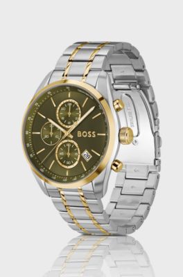 Two-tone chronograph watch with olive dial, Silver tone
