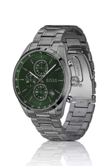Grey-plated chronograph watch with green dial