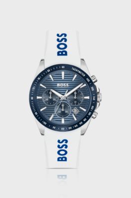 STRIKE Grooved-dial chronograph watch with silicone logo strap, White