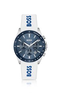 STRIKE Montre chronographe &agrave; cadran rainur&eacute; et bracelet logot&eacute; en silicone, Blanc