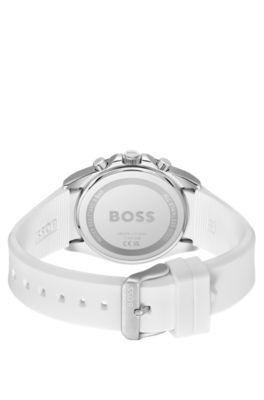 STRIKE Grooved-dial chronograph watch with silicone logo strap, White