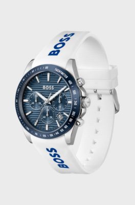 STRIKE Grooved-dial chronograph watch with silicone logo strap, White