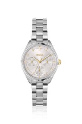 Silver-tone watch with fluted bezel, Silver tone