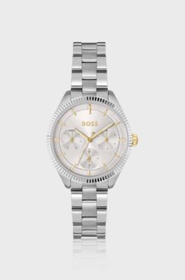 Zilverkleurig horloge met gegroefde lunette, Zilverkleurig