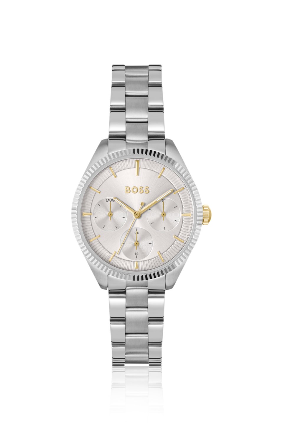 Silver-tone watch with fluted bezel