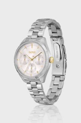 Silver-tone watch with fluted bezel, Silver tone