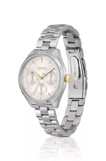 Silver-tone watch with fluted bezel