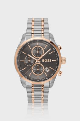 Two-tone chronograph watch with grey dial, Silver tone