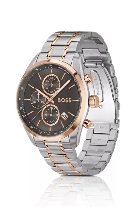 Two-tone chronograph watch with grey dial
