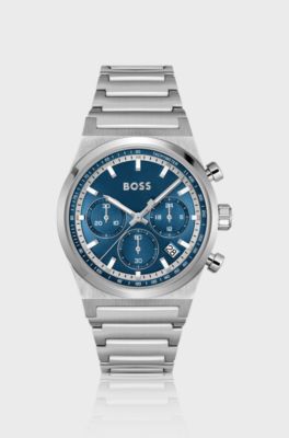 Silver-tone chronograph watch with blue dial, Silver tone