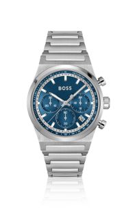Silver-tone chronograph watch with blue dial, Silver tone