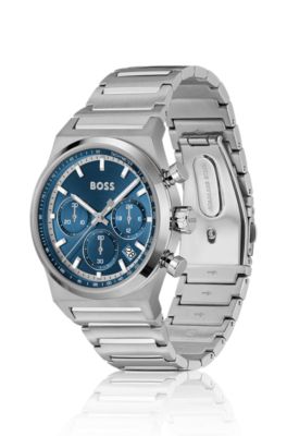 Silver-tone chronograph watch with blue dial, Silver tone