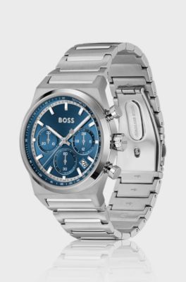Silver-tone chronograph watch with blue dial, Silver tone