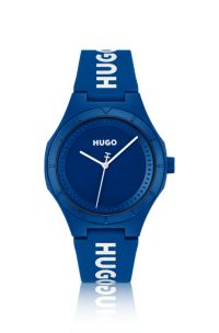 Blauw horloge met silicone logobandje, Blauw
