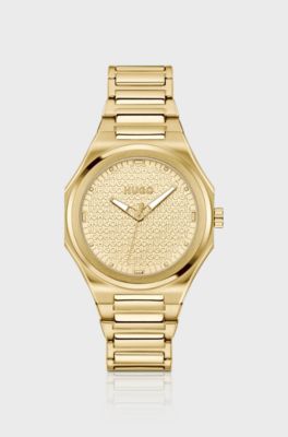 Goudkleurig horloge met logotextuur op de wijzerplaat, Goudkleurig