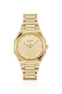 Reloj dorado con esfera con logos en relieve, Tono dorado