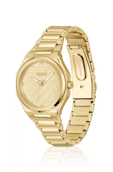 Gold-tone watch with logo-textured dial