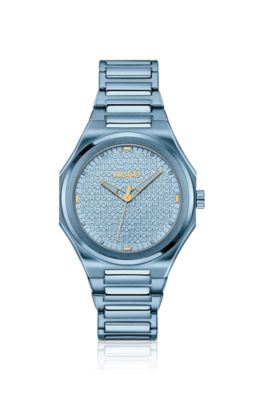 Blue-steel watch with logo-textured dial, Light Blue