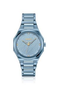 Montre en acier bleu avec cadran à logo texturé, bleu clair