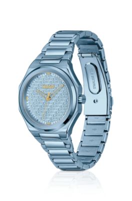 Blue-steel watch with logo-textured dial, Light Blue