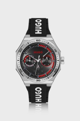 Silberfarbene Uhr mit Logos auf dem Silikonarmband, Schwarz