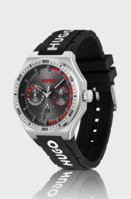 Silberfarbene Uhr mit Logos auf dem Silikonarmband, Schwarz