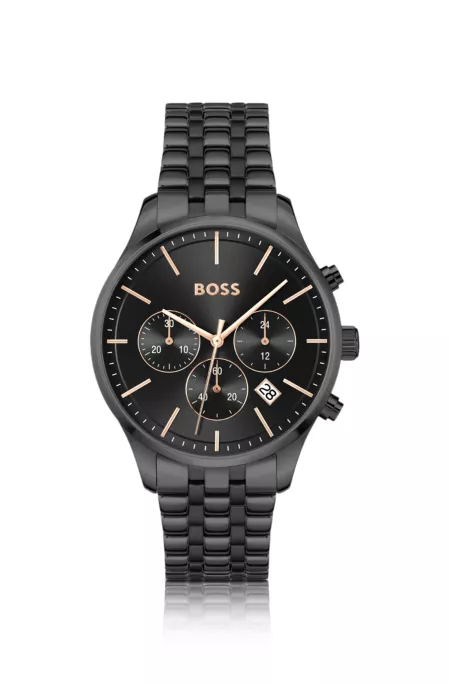 Black-plated chronograph watch with multi-link bracelet