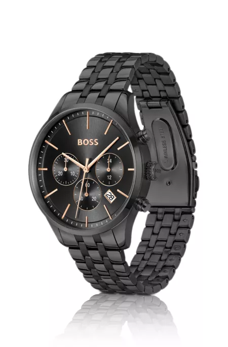 Black-plated chronograph watch with multi-link bracelet