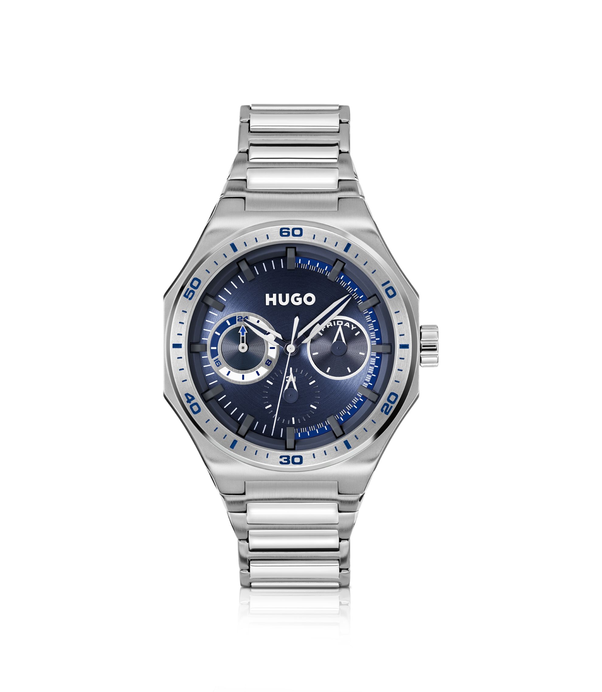 Silberfarbene Uhr mit blauem Zifferblatt