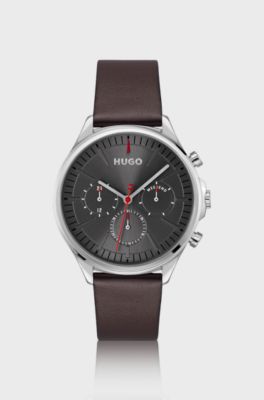 Silver-tone watch with brown leather strap, Brown