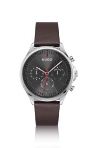 Zilverkleurig horloge met bruin leren bandje, Bruin