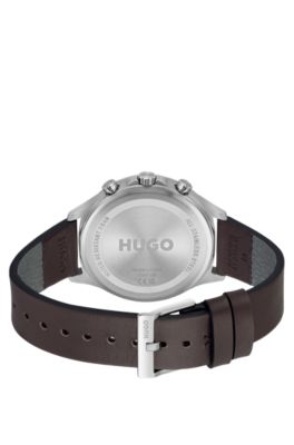Silver-tone watch with brown leather strap, Brown