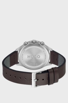 Silver-tone watch with brown leather strap, Brown