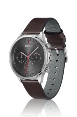 Silver-tone watch with brown leather strap, Brown