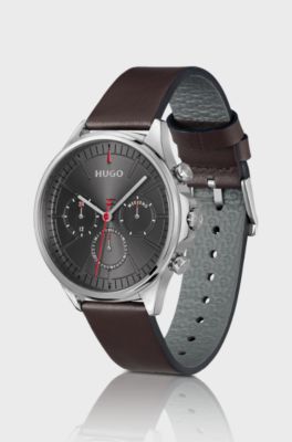 Silver-tone watch with brown leather strap, Brown