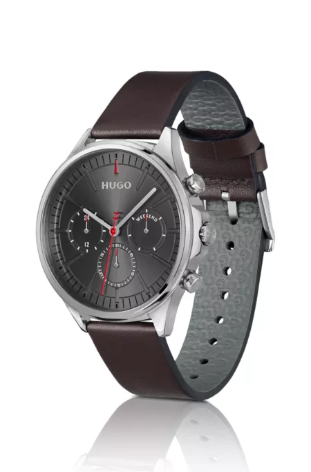 Silver-tone watch with brown leather strap
