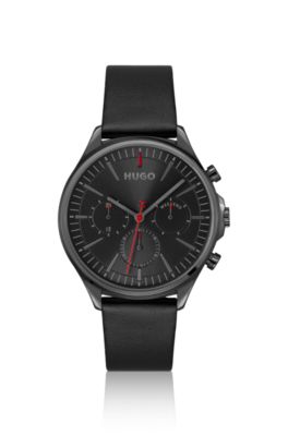 Grey-plated watch with black leather strap, Black