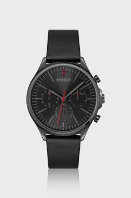 Grey-plated watch with black leather strap, Black