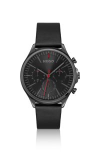 Grijsgecoat horloge met zwart leren bandje, Zwart