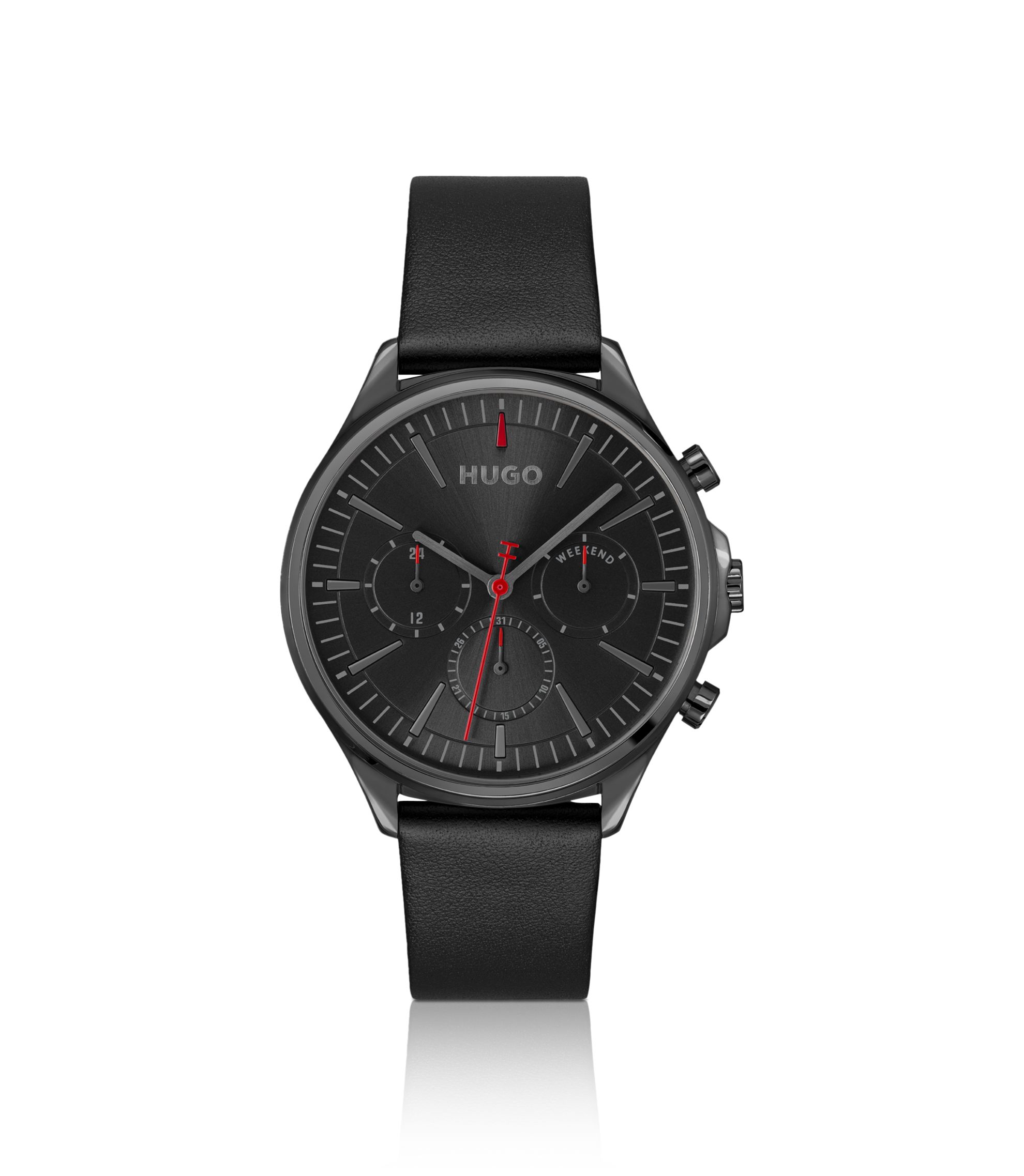 Grau beschichtete Uhr mit schwarzem Lederarmband