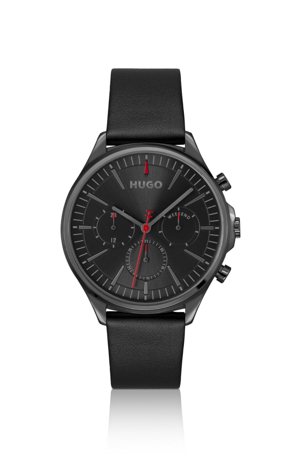 Grey-plated watch with black leather strap