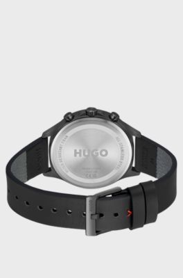 Grey-plated watch with black leather strap, Black