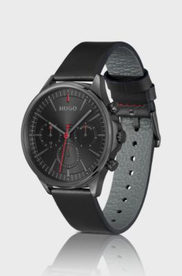 Grey-plated watch with black leather strap, Black