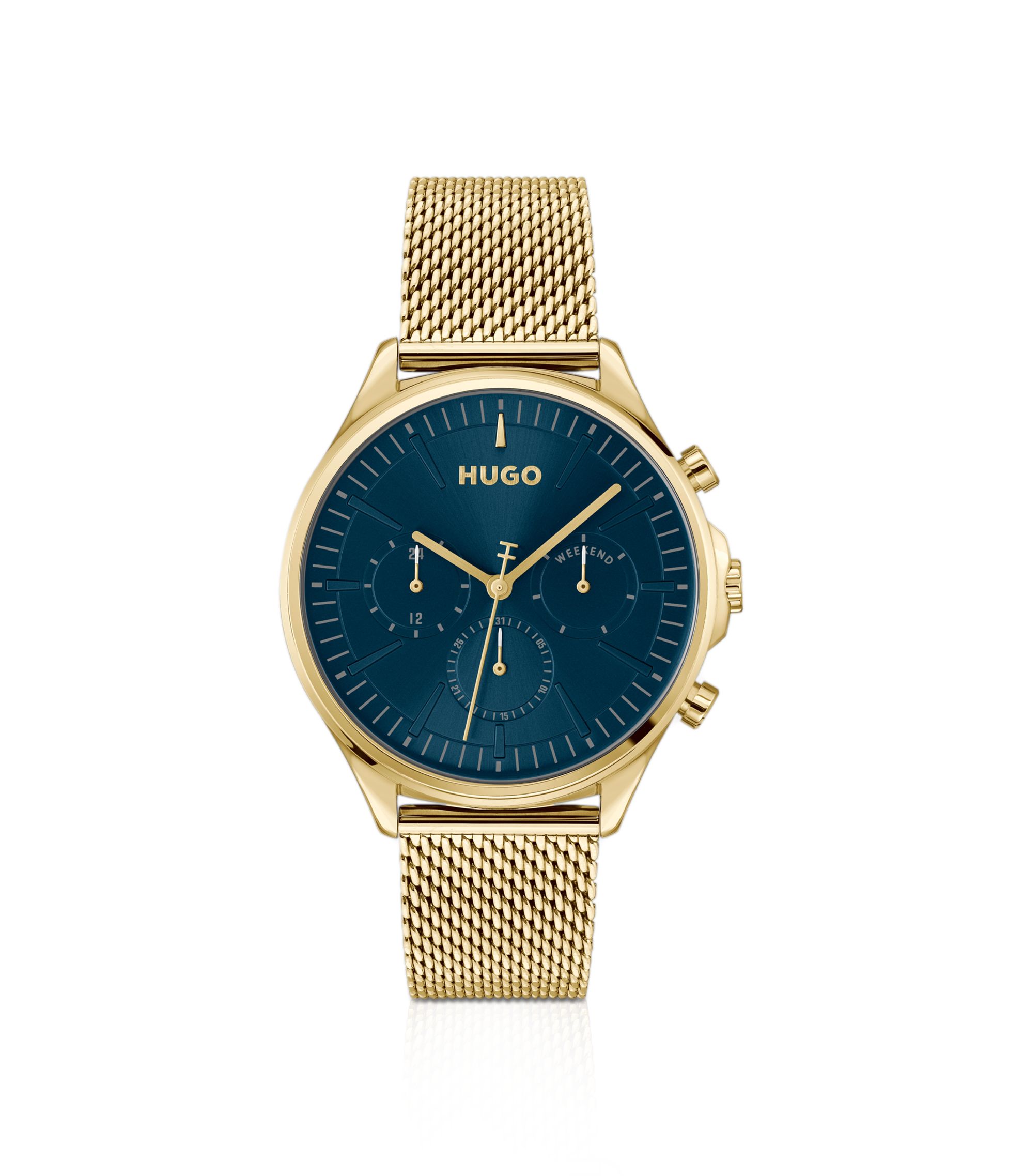 Goldfarbene Uhr mit blauem Zifferblatt