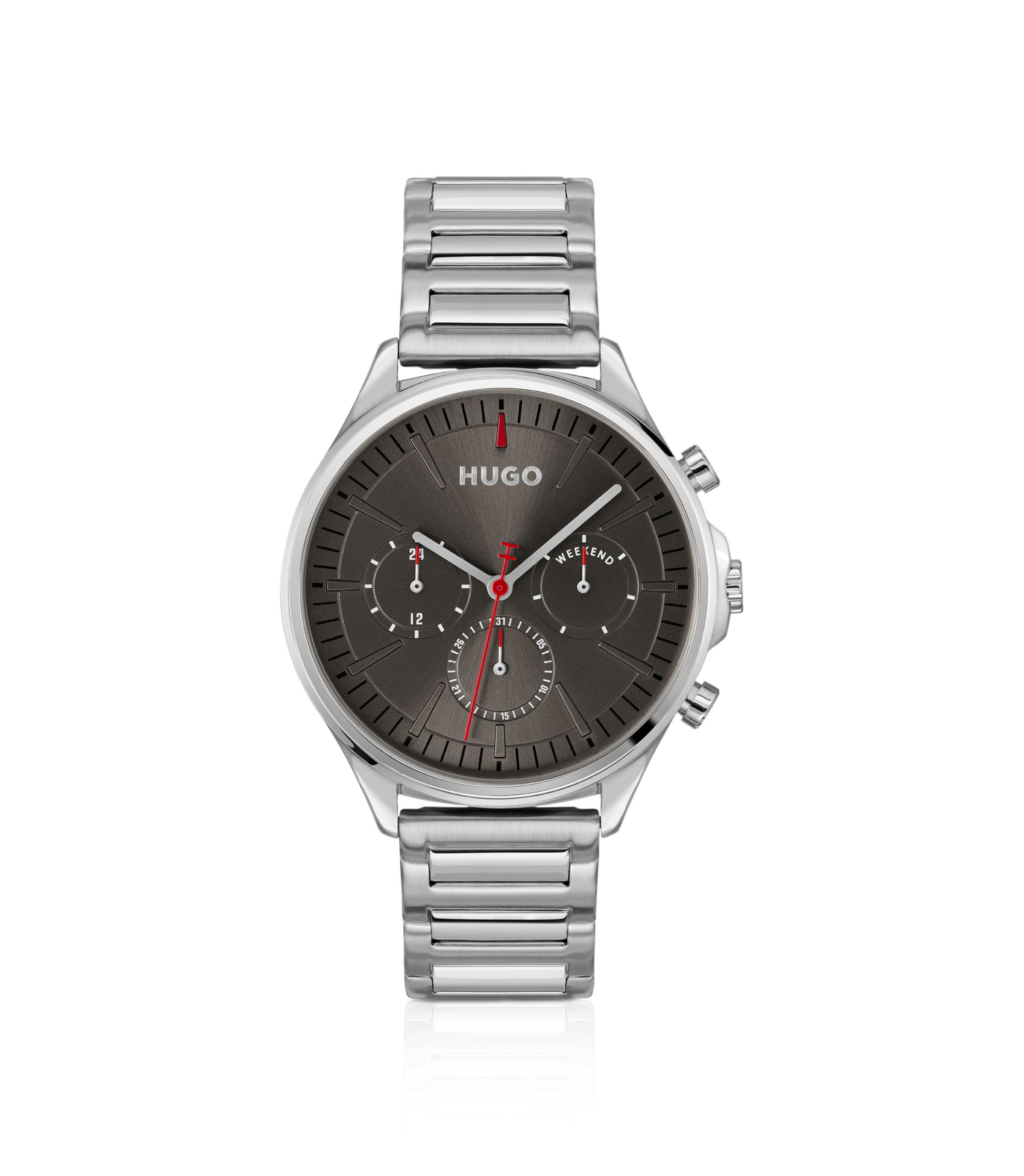 Silberfarbene Uhr mit grauem Zifferblatt