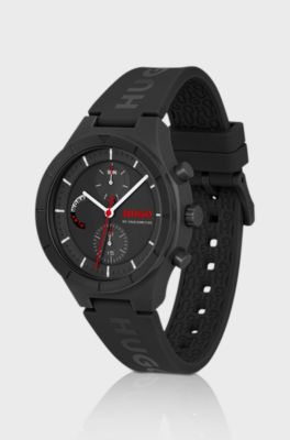 #LIT MULTI Black watch with silicone logo strap, Black