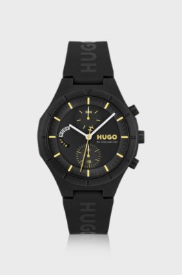 Black watch with silicone logo strap, Black