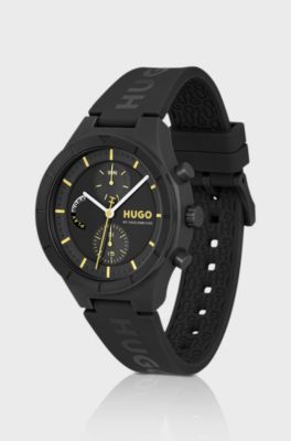 Black watch with silicone logo strap, Black