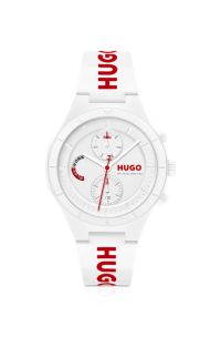 Wei&szlig;e Uhr mit Logos auf dem Silikonarmband, Wei&szlig;