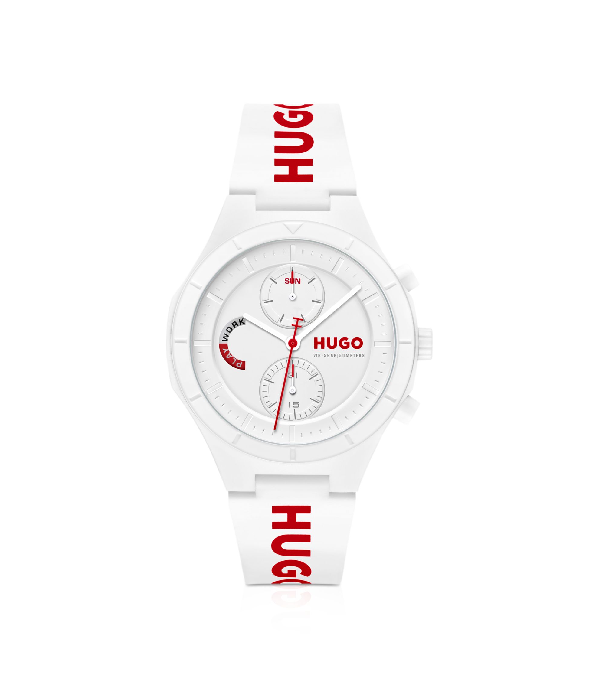 Weiße Uhr mit Logos auf dem Silikonarmband